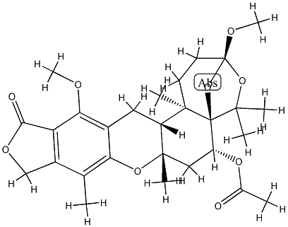 (3S)-6α-Acetyloxy-1,2,3,6,7,7a,10,14,14aβ,14b-decahydro-3,13-dimethoxy-5,5,7aβ,9,14bα-pentamethyl-12H-3β,5aβ-epoxy-5H-furo[3,4-i]oxepino[4,3-a]xanthen-12-one 结构式
