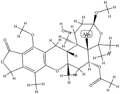 (1R)-6α-Acetyloxy-1,2,3,6,7,7a,10,14,14aβ,14b-decahydro-1α-hydroxy-3,13-dimethoxy-5,5,7aβ,9,14bα-pentamethyl-12H-3β,5aβ-epoxy-5H-furo[3,4-i]oxepino[4,3-a]xanthen-12-one 结构式