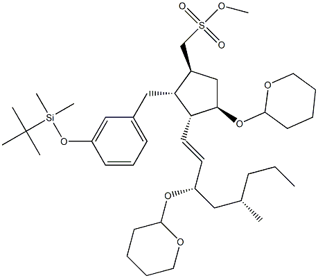环戊烷甲醇,2-[[3-[[1,1-二甲基乙基)二甲基硅烷基]氧基]苯基]甲基]-4-[(四氢-2H-吡喃-2-基)氧基]-1-辛烯基]-,甲磺酸酯,[1S-[1Α,2Α,3Β(1E,3R*),4Α]] 结构式