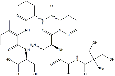 [2-[[[(6S)-1-[(3S)-N-(2-Hydroxymethyl Ser-L-Ala-)-3-amino-L-Abu-]-1,4,5,6-tetrahydropyridazine-6-yl]carbonyl-L-Nva-]amino]-3-methyl-2-pentenoyl]-L-Ser-OH 结构式
