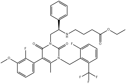 (R)-4-((2-(5-(2-氟-3-甲氧苯基)-3-(2-氟-6-(三氟甲基)苯甲基)-4-甲基-2,6-二氧代-2,3-二氢嘧啶-1(6H) –基)-1-苯乙基)氨基)正丁酸乙酯 结构式