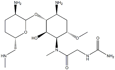 4-Amino-1-[[[(aminocarbonyl)amino]acetyl]methylamino]-3-O-[2-amino-2,3,4,6-tetradeoxy-6-(methylamino)-α-D-erythro-hexopyranosyl]-1,4,5-trideoxy-6-O-methyl-L-chiro-inositol 结构式