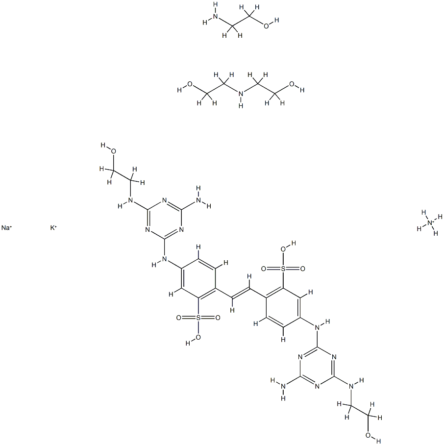 4,4'-bis[[4-amino-6-[(2-hydroxyethyl)amino]-1,3,5-triazin-2-yl]amino]stilbene-2,2'-disulphonic acid, ammonium potassium sodium salt, compound with 2-aminoethanol and 2,2'-iminodiethanol 结构式