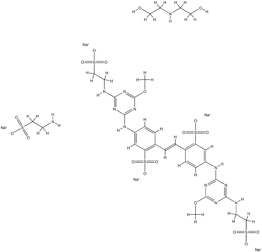 2,2'-(1,2-乙烯二基)二[5-[[4-甲氧基-6-[(2-磺乙基)氨基]-1,3,5-三嗪-2-基]氨基]苯磺酸钠与2-氨基乙醇磺酸单钠和2,2'-亚胺二[乙醇]的化合物 结构式