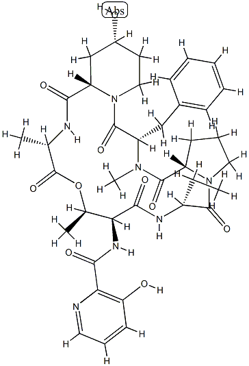 N-[(3-Hydroxy-2-pyridinyl)carbonyl]cyclo[L-Thr*-D-Abu-L-Pro-N-methyl-L-Phe-4α-hydroxy-L-pipecoloyl-L-Ala-] 结构式