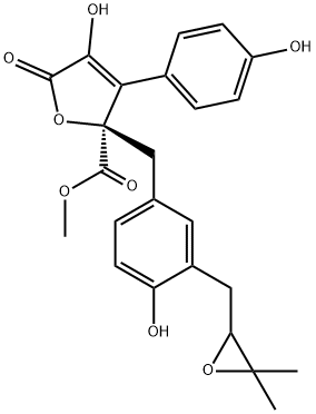 2,5-Dihydro-2-[3-(3,3-dimethyloxiranylmethyl)-4-hydroxybenzyl]-4-hydroxy-3-(4-hydroxyphenyl)-5-oxofuran-2-carboxylic acid methyl ester 结构式