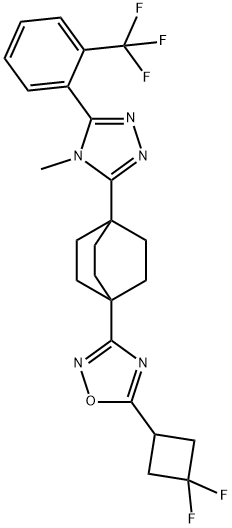 5-(3,3-二氟环丁基)-3-[4-[4-甲基-5-[2-(三氟甲基)苯基]-4H-1,2,4-三唑-3-基]双环[2.2.2]辛烷-1-基]-1,2,4-恶二唑 结构式