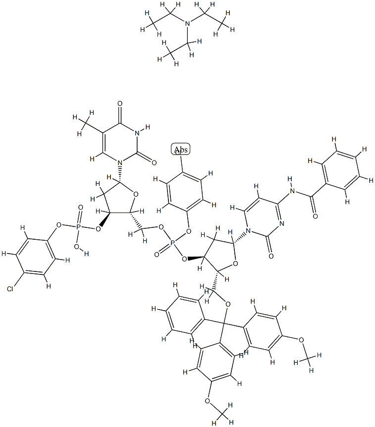 3'-Thymidylic acid, N-benzoyl-5'-O-[bis(4-methoxyphenyl)phenylmethyl]-P-(4-chlorophenyl)-2'-deoxycytidylyl-(3'->5')-, mono(4-chlorophenyl)ester, compd. with N,N-diethylethanamine (1:1) 结构式