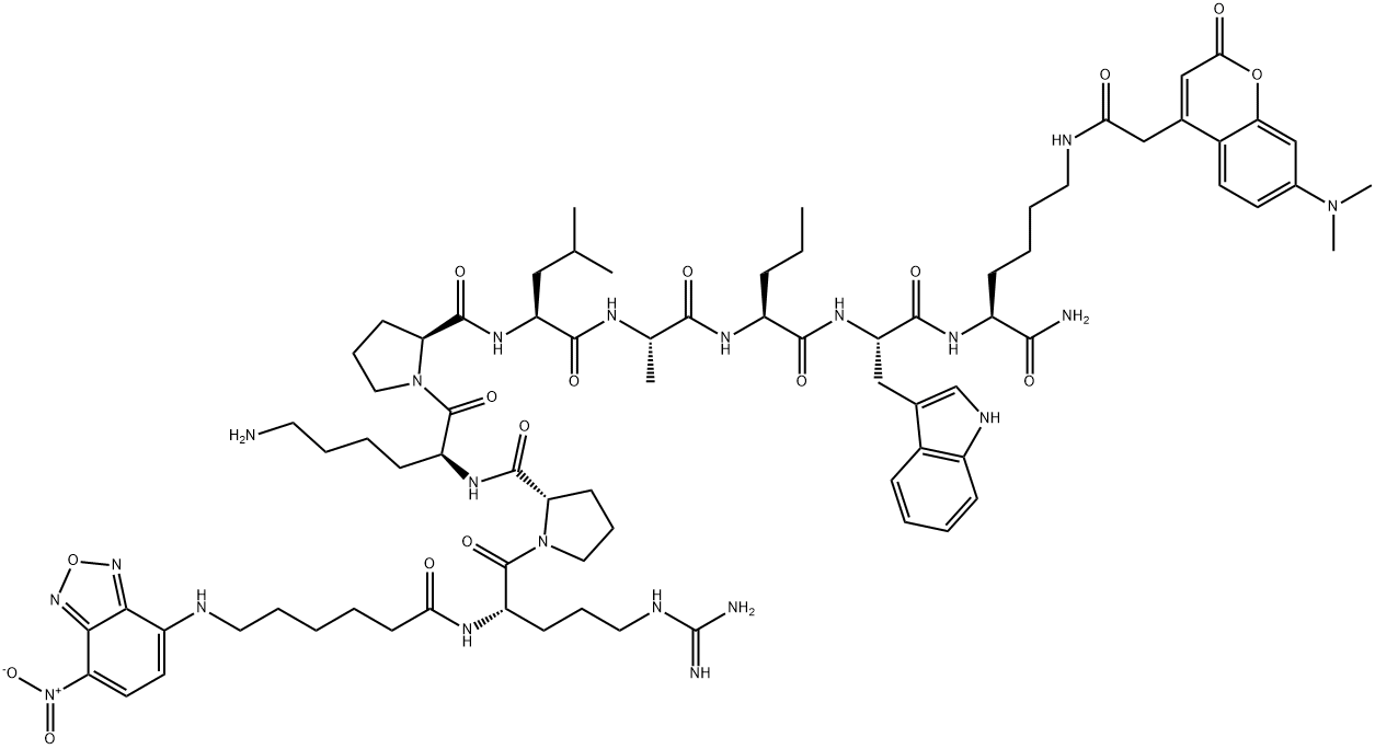 6-(7-NITRO-BENZO[2,1,3]OXADIAZOL-4-YLAMINO)-HEXANOYL-ARG-PRO-LYS-PRO-LEU-ALA-NVA-TRP-LYS(7-DIMETHYLAMINOCOUMARIN-4-YL)-NH2 结构式