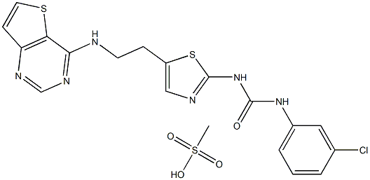 N-(3-氯苯基)-N'-[5-[2-(噻吩并3,2-D]嘧啶-4-基氨基)乙基]-2-噻唑基]脲甲磺酸盐 (1:1) 结构式