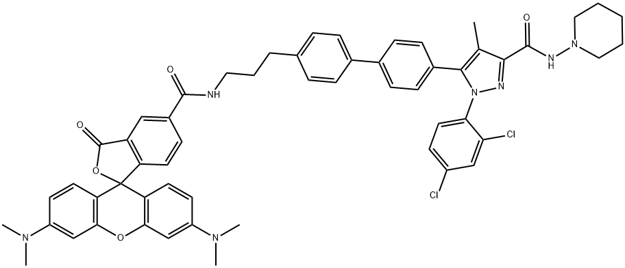N-(Piperidin-1-yl)-5-(4-(4-(3-(5-carboxamidotetramethylrhodaminyl)propyl))phenyl)-1-(2,4-dichlorophenyl)-4-methyl-1H-pyrazole-3-carboxamide 结构式