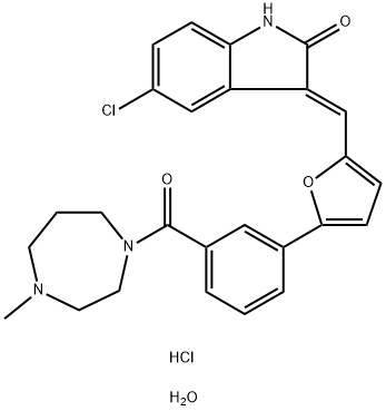 (3E)-5-氯-3-[[5-[3-[(六氢-4-甲基-1H-1,4-二氮杂卓-1-基)羰基]苯基]-2-呋喃基]亚甲基]-1,3-二氢-2H-吲哚-2-酮盐酸盐水合物 结构式