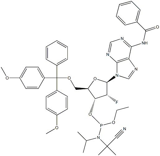 N-苯甲酰基-5'-O-[二(4-甲氧基苯基)苯基甲基]-2'-脱氧-2'-氟腺苷 3'-[2-氰基乙基 N,N-二异丙基氨基亚磷酸酯] 结构式