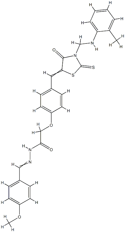 N-[(4-methoxyphenyl)methylideneamino]-2-[4-[(E)-[3-[[(2-methylphenyl)a mino]methyl]-4-oxo-2-sulfanylidene-thiazolidin-5-ylidene]methyl]phenox y]acetamide 结构式