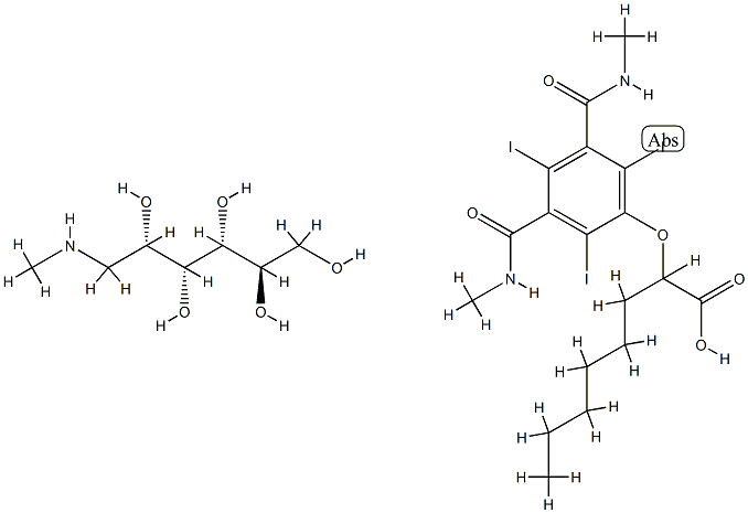 (2R,3R,4R,5S)-6-methylaminohexane-1,2,3,4,5-pentol, 2-[2,4,6-triiodo-3 ,5-bis(methylcarbamoyl)phenoxy]octanoic acid 结构式