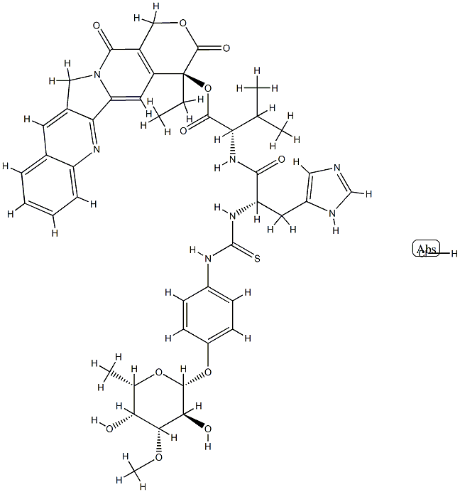 L-Valine, N-[[[4-[(6-deoxy-3-O-methyl-b-L-galactopyranosyl)oxy]phenyl]amino]thioxomethyl]-L-histidyl-, (4S)-4-ethyl-3,4,12,14-tetrahydro-3,14-dioxo-1H-pyrano[3',4':6,7]indolizino[1,2-b]quinolin-4-yl e
ster 结构式