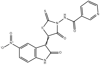 N-(5-{5-nitro-2-oxo-1,2-dihydro-3H-indol-3-ylidene}-4-oxo-2-thioxo-1,3-thiazolidin-3-yl)nicotinamide 结构式