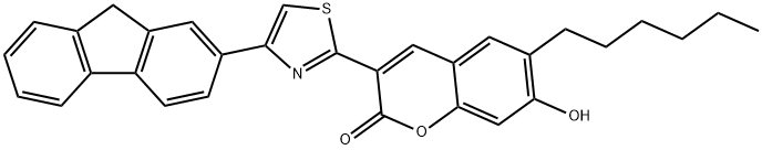 3-[4-(9H-fluoren-2-yl)-1,3-thiazol-2-yl]-6-hexyl-7-hydroxy-2H-chromen-2-one 结构式