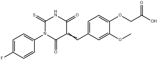 2-[4-[(E)-[1-(4-fluorophenyl)-4,6-dioxo-2-sulfanylidene-1,3-diazinan-5-ylidene]methyl]-2-methoxyphenoxy]acetic acid 结构式