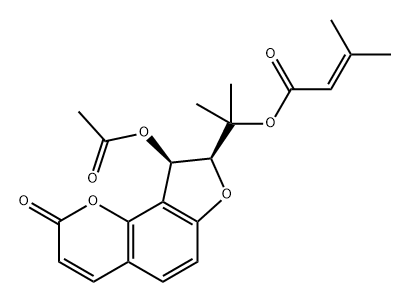 3-Methyl-2-butenoic acid [1-[(8S)-9α-acetoxy-8,9-dihydro-2-oxo-2H-furo[2,3-h]-1-benzopyran-8-yl]-1-methylethyl] ester 结构式