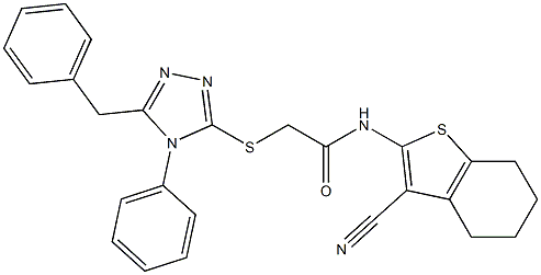 2-[(5-benzyl-4-phenyl-4H-1,2,4-triazol-3-yl)sulfanyl]-N-(3-cyano-4,5,6,7-tetrahydro-1-benzothien-2-yl)acetamide 结构式