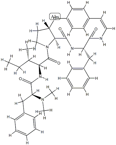 α-(Dimethylamino)-N-[2-methyl-1-[[3,3a,11,12,13,14,15,15a-octahydro-12,15-dioxo-13-benzyl-5,8-ethenopyrrolo[3,2-b][1,5,8]oxadiazacyclotetradecin-1(2H)-yl]carbonyl]butyl]benzenepropanamide 结构式