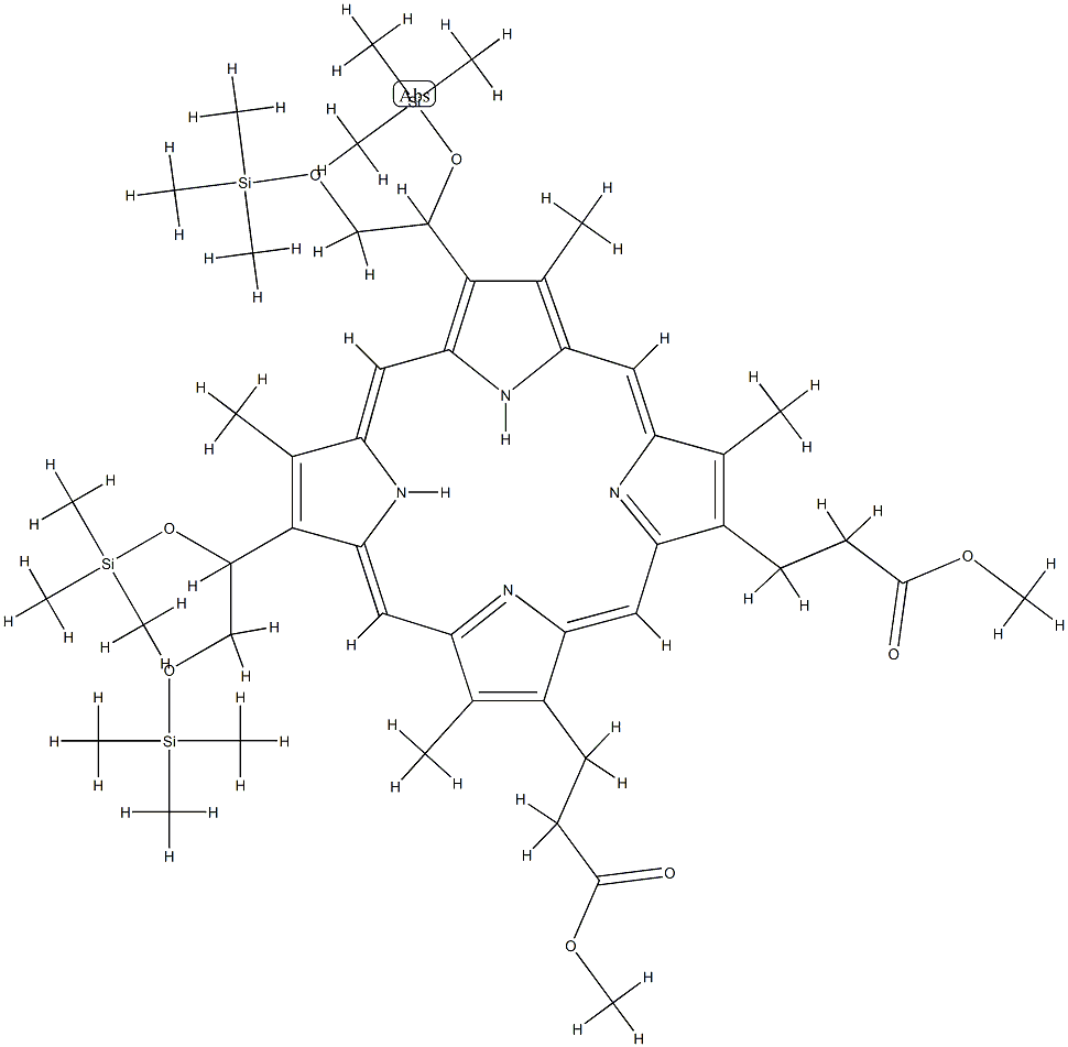7,12-Bis[1,2-bis[(trimethylsilyl)oxy]ethyl]-3,8,13,17-tetramethyl-21H,23H-porphyrin-2,18-dipropanoic acid dimethyl ester 结构式