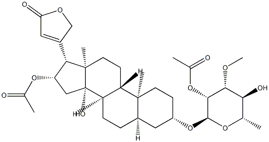 3β-[(2-O-Acetyl-6-deoxy-3-O-methyl-α-L-mannopyranosyl)oxy]-16β-(acetyloxy)-14-hydroxy-5β-card-20(22)-enolide 结构式
