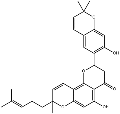 2,3-Dihydro-5-hydroxy-2-(7-hydroxy-2,2-dimethyl-2H-1-benzopyran-6-yl)-8-methyl-8-(4-methyl-3-pentenyl)-4H,8H-benzo[1,2-b:3,4-b']dipyran-4-one 结构式