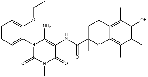 2H-1-Benzopyran-2-carboxamide,  N-[6-amino-1-(2-ethoxyphenyl)-1,2,3,4-tetrahydro-3-methyl-2,4-dioxo-5-pyrimidinyl]-3,4-dihydro-6-hydroxy-2,5,7,8- 结构式