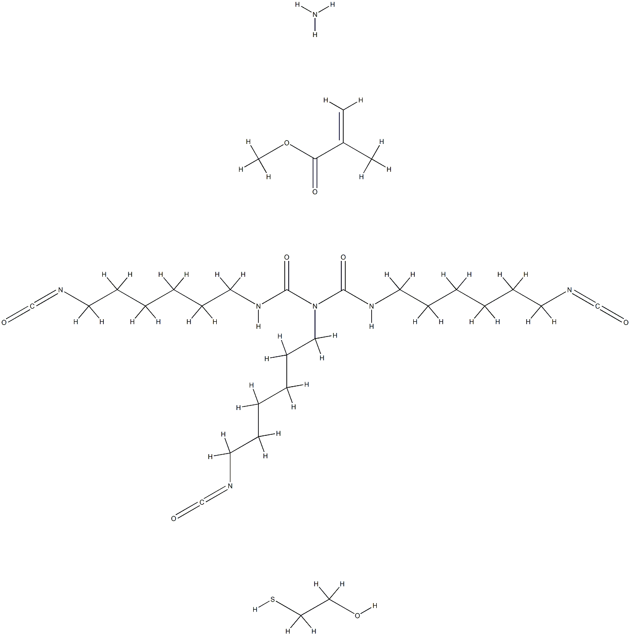 2-Propenoic acid, 2-methyl-, methyl ester, polymer with 2-mercaptoethanol, reaction products with ammonia and N,N',2-tris(6-isocyanatohexyl)imidodicarbonic diamide 结构式