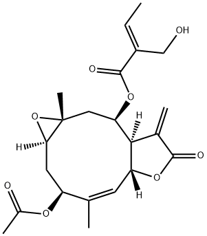 (E)-2-Hydroxymethyl-2-butenoic acid [(1aR,3S,4Z,5aR,8aR,9R,10aR)-3-acetoxy-1a,2,3,5a,7,8,8a,9,10,10a-decahydro-4,10a-dimethyl-8-methylene-7-oxooxireno[5,6]cyclodeca[1,2-b]furan-9-yl] ester 结构式