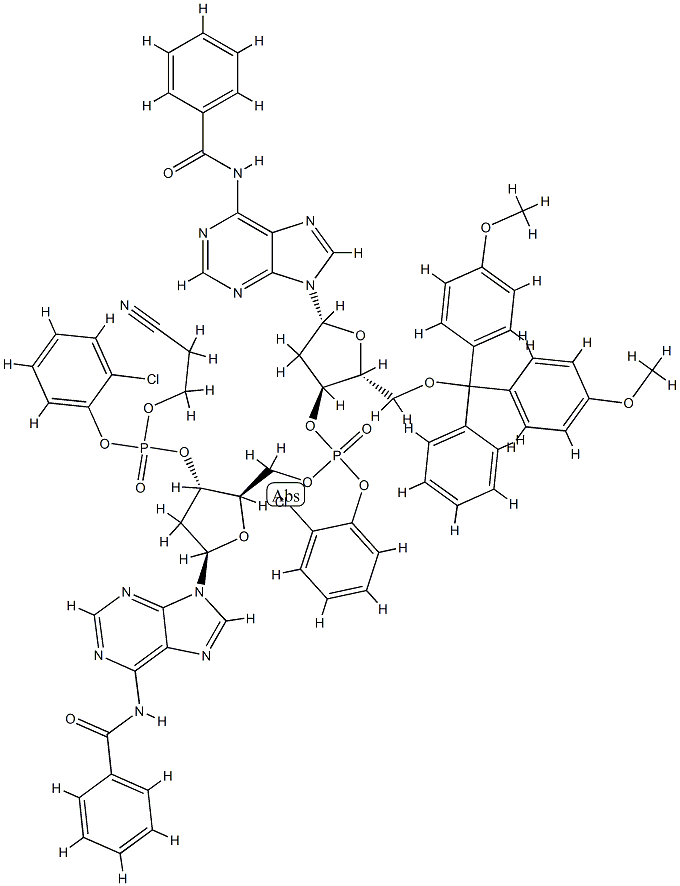3'-腺苷酸，N-苯甲酰基-5'-O-（双（4-甲氧基苯基）苯甲基）-P-（2-氯苯基）-2'-脱氧腺烯基-（3'.5'）-N-苯甲酰基- 2'-脱氧-，2-氯苯基2-氰基乙酯 结构式