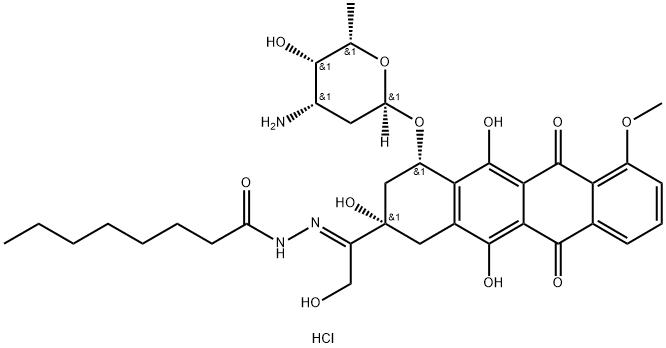 Octanoic acid, [1-[4-[(3-amino-2,3, 6-trideoxy-.alpha.-L-lyxo-hexopyra nosyl)oxy]-1,2,3,4,6, 11-hexahydro-2,5,12-trihydroxy-7-methoxy-6, 11-d ioxo-2-naphthacenyl]-2-hydroxyethylidene]hydrazide, monohydrochloride 结构式