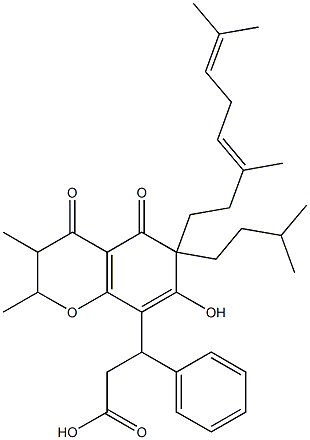 6-(3,7-Dimethyl-3,6-octadienyl)-3,4,6,7-tetrahydro-5-hydroxy-2,3-dimethyl-6-(3-methylbutyl)-4,7-dioxo-β-phenyl-2H-1-benzopyran-8-propanoic acid 结构式