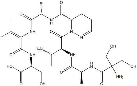 N-[2-[N-[[[(6S)-1-[(3S)-(2-Hydroxymethyl Ser-L-Ala-)-3-amino-3-methyl-L-Ala-]-1,4,5,6-tetrahydropyridazin]-6-yl]carbonyl]-L-Ala-amino]-3-methyl-2-butenoyl]-L-Ser-OH 结构式