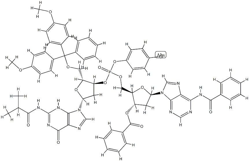 N-benzoyl-3'-O-benzoyl-P-(4-chlorophenyl)-2'-deoxyadenylyl-(5'->3')-5'-O-[bis(4-methoxyphenyl)phenylmethyl]-2'-deoxy-N-(2-methyl-1-oxopropyl)guanosine 结构式