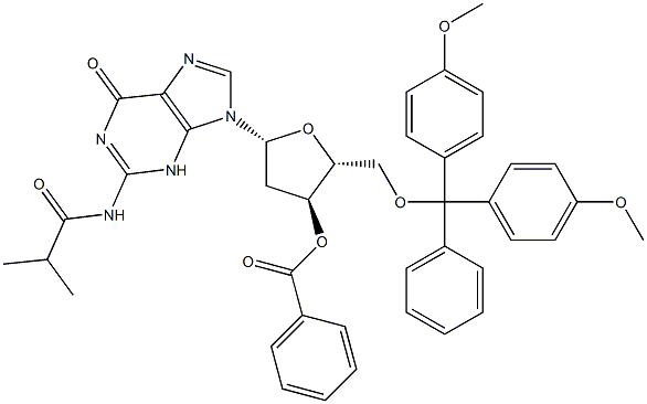 5'-O-[bis(4-methoxyphenyl)phenylmethyl]-2'-deoxy-N-(2-methyl-1-oxopropyl)guanosine 3'-benzoate 结构式