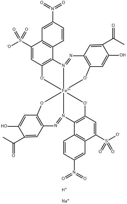 二[4-[(5-乙酰基-2,4-二羟基苯基)偶氮]-3-羟基-7-硝基萘-1-磺酸根合(3-)]高铁酸(3-)氢二钠 结构式