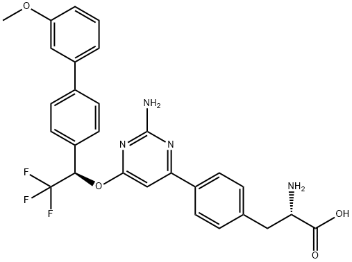 4-[2-氨基-6-[(1R)-2,2,2-三氟-1-(3'-甲氧基联苯-4-基)乙氧基]嘧啶-4-基]-L-苯丙氨酸 结构式