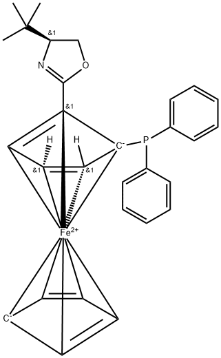 (R)-4-叔丁基-2-[(R)-2-(双(1苯基)-膦基)-二茂络铁-1-基]唑啉 结构式