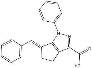 (6E)-6-BENZYLIDENE-1-PHENYL-1,4,5,6-TETRAHYDROCYCLOPENTA[C]PYRAZOLE-3-CARBOXYLIC ACID 结构式