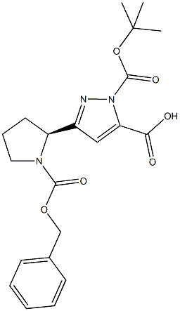 3-{(2S)-1-[(benzyloxy)carbonyl]pyrrolidin-2-yl}-1-(tert-butoxycarbonyl)-1H-pyrazole-5-carboxylic acid 结构式