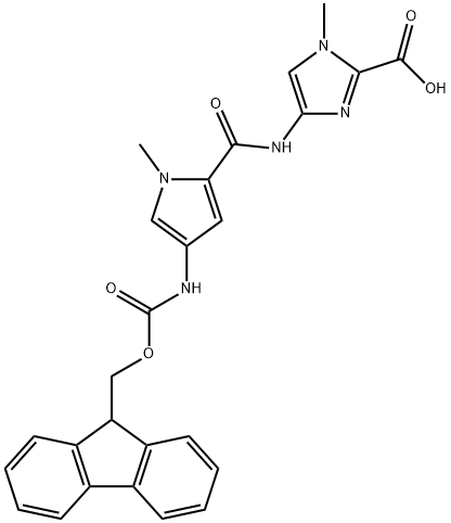 Fmoc-PyIm-COOH,4-[[[4-[(9- fluorenylmethoxycarbonyl)amino]-1- methylpyrrol-2-yl]carbonyl]amino]-1- methylimidazole-2-carboxylic acid 结构式