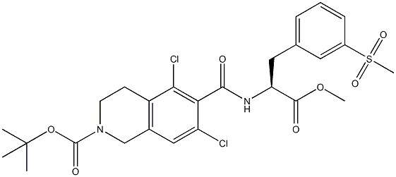 (S)-2-(2-BOC-5,7-二氯-1,2,3,4-四氢异喹啉-6-甲酰胺基)-3-(3-甲磺酰基苯基)丙酸甲酯 结构式