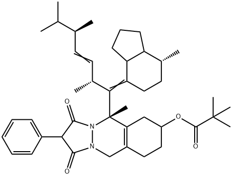 2,2-Dimethyl-propionic acid 5S-methyl-5-[7R-methyl-1-(1R,4R,5-trimethyl-hex-2-enyl)-octahydro-inden-4-ylidenemethyl]-
1,3-dioxo-2-phenyl-2,3,5,6,7,8,9,10-octahydro-1H-pyrazolo[1,2-b]phthalazin-7S-ylester 结构式