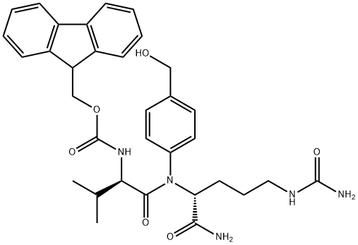 (9H-fluoren-9-yl)methyl ((R)-1-(((R)-1-((4-(hydroxymethyl)phenyl)amino)-1-oxo-5-ureidopentan-2-yl)amino)-3-methyl-1-oxobutan-2-yl)carbamate 结构式