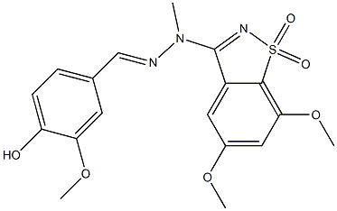 (E)-3-(2-(4-hydroxy-3-methoxybenzylidene)-1-methylhydrazinyl)-5,7-dimethoxybenzo[d]isothiazole 1,1-dioxide 结构式