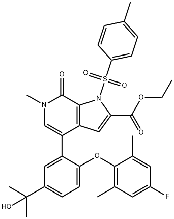 ethyl 4-(2-(4-fluoro-2,6-dimethylphenoxy)-5-(2-hydroxypropan-2-yl)phenyl)-6-methyl-7-oxo-1-tosyl-6,7-dihydro-1H-pyrrolo[2,3-c]pyridine-2-carboxylate 结构式