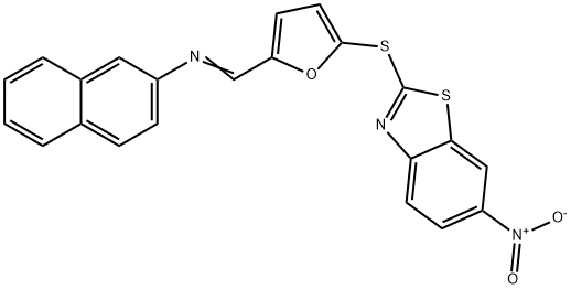 6-nitro-2-({5-[(2-naphthylimino)methyl]-2-furyl}sulfanyl)-1,3-benzothiazole 结构式
